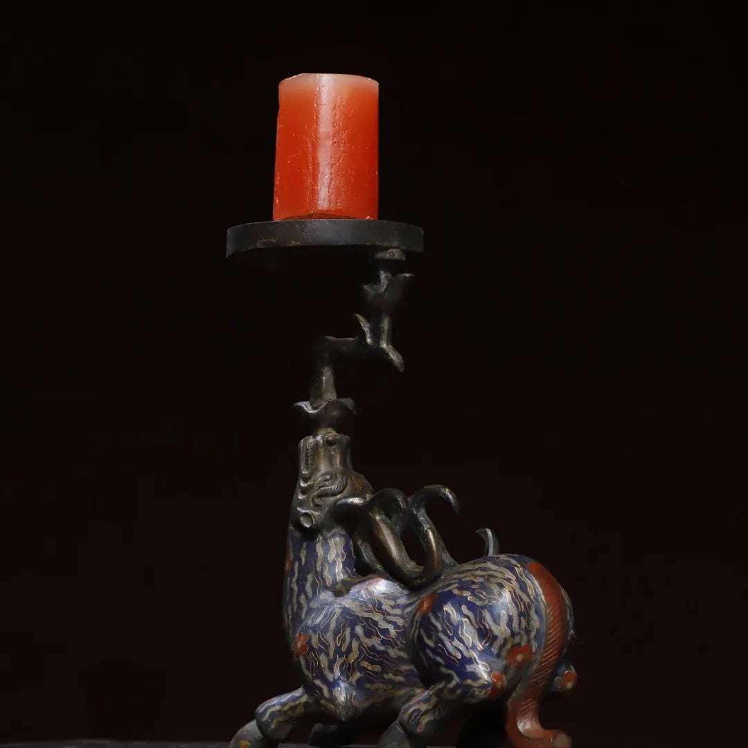 10" Tibetan Temple Collection Old Bronze Cloisonné Sika Deer Candle Holder