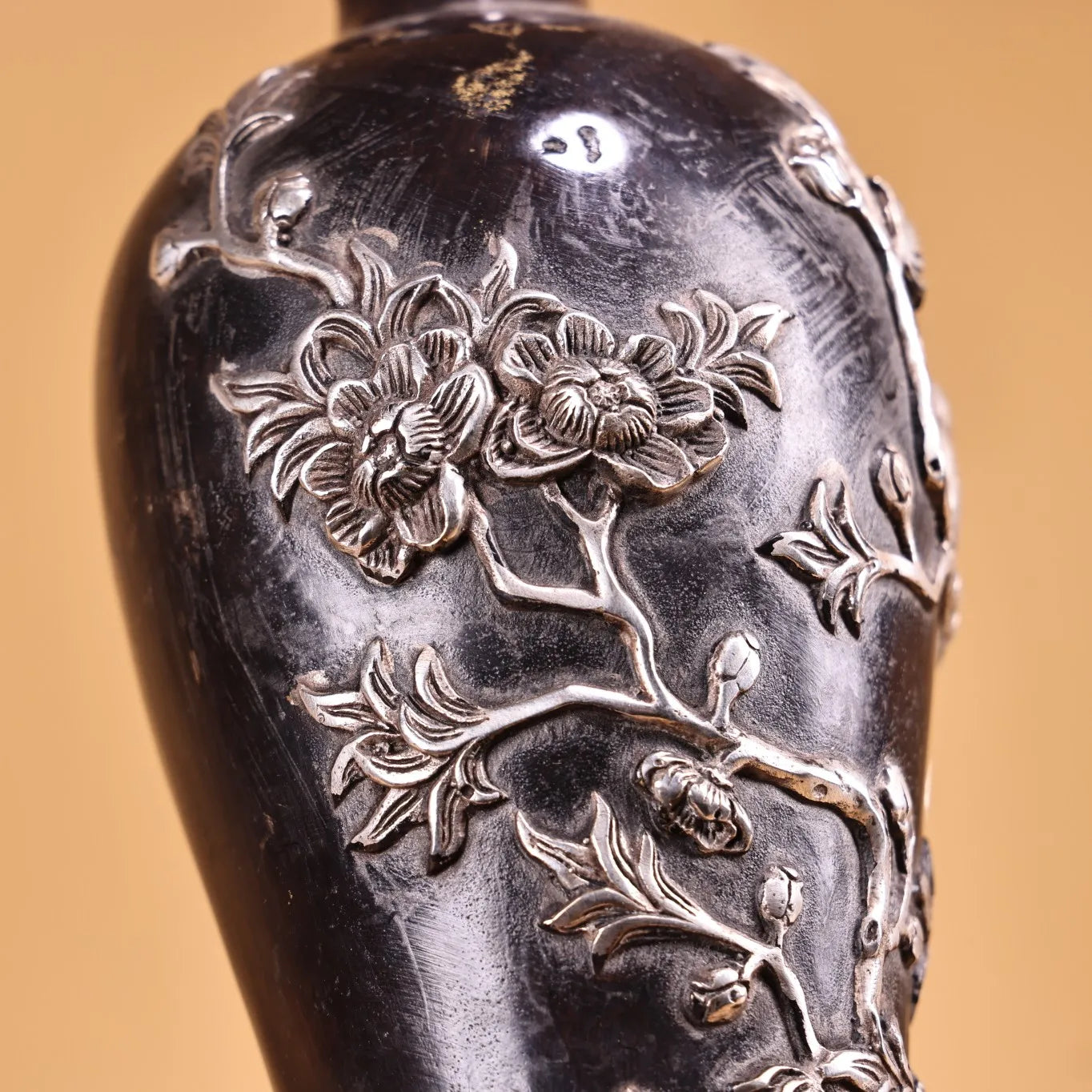 9" Bronze Gilded Silver Magpie & Plum Blossom Vase Pair