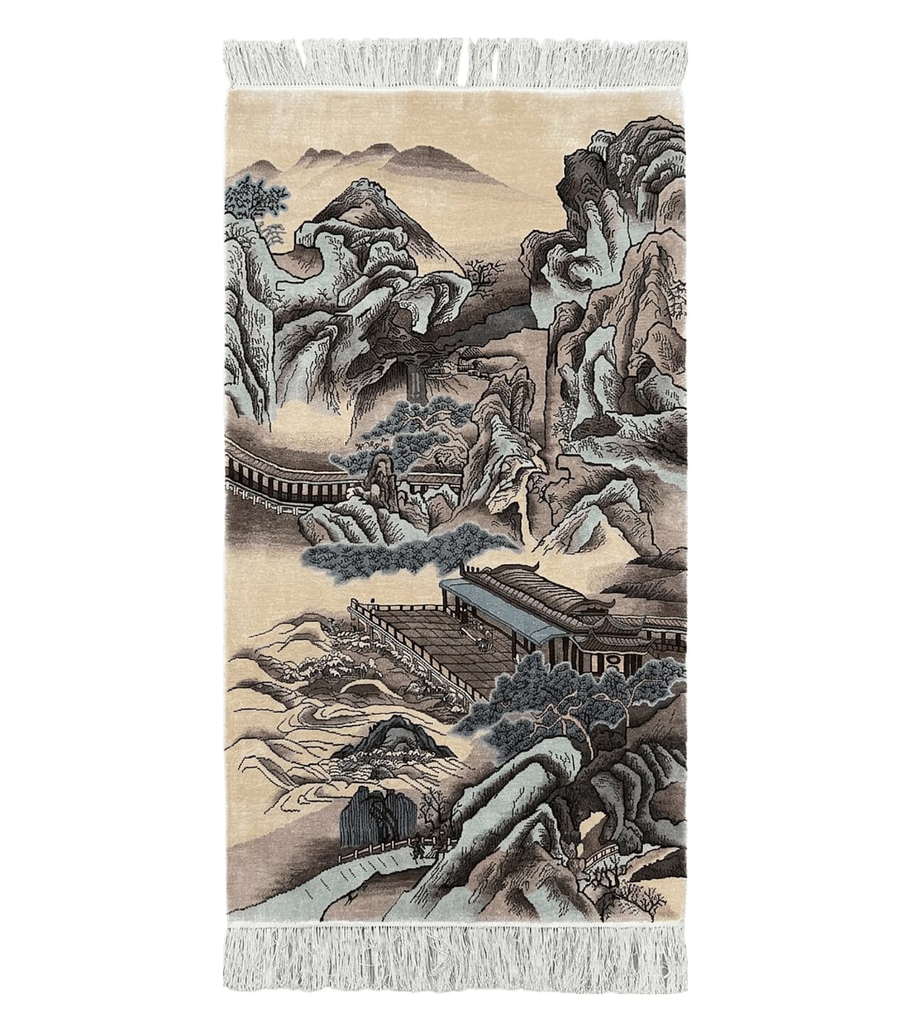 Silk Chinese Wall Hanging Rug 3x6 ft Tapestry, Pagoda Scene, Pictorial, High Quality Fine Hand Knotted Vintage, Asian Oriental Handmade Nice