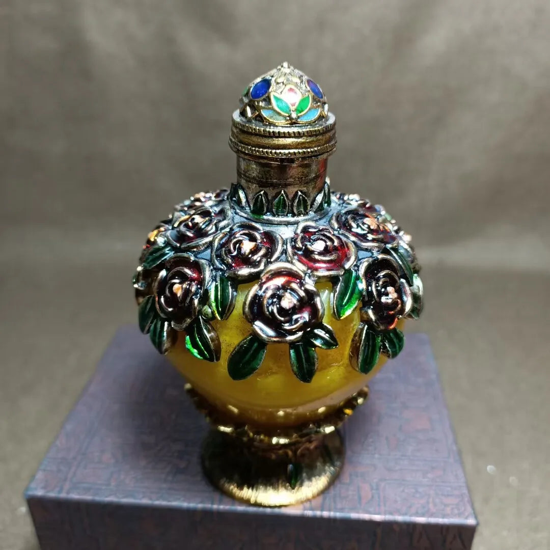 Frasco de rapé incrustado en cobre con patrón de rosas - Objeto de colección chino hecho a mano