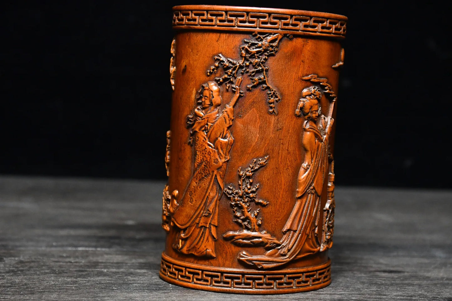 5"Tibetan Temple Collection Old Boxwood Classical four beauties Statue pattern Pen holder Office Supplies Wooden penholder