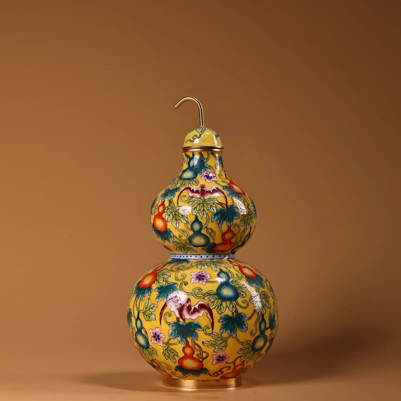 7 Zoll Bronze Cloisonné Fledermaus & Blumen Kalebaschenflasche – Tempel Kalebasse