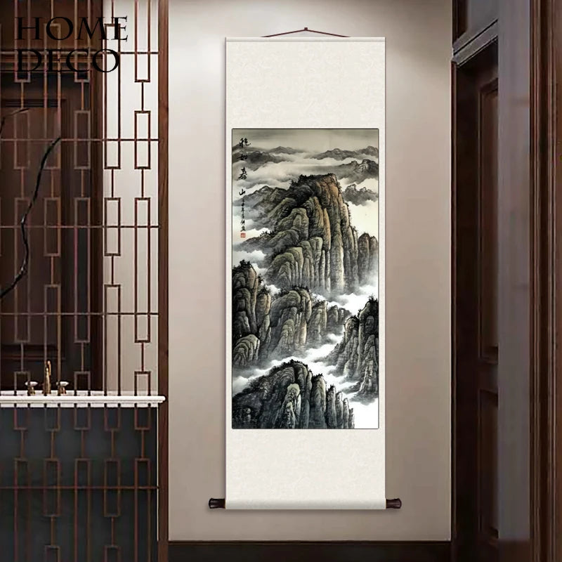 Silk Scroll Decoration Hanging Painting, Landscape Paintings Office Scroll Paintings There Is A Mountain Map Behind The Entrance