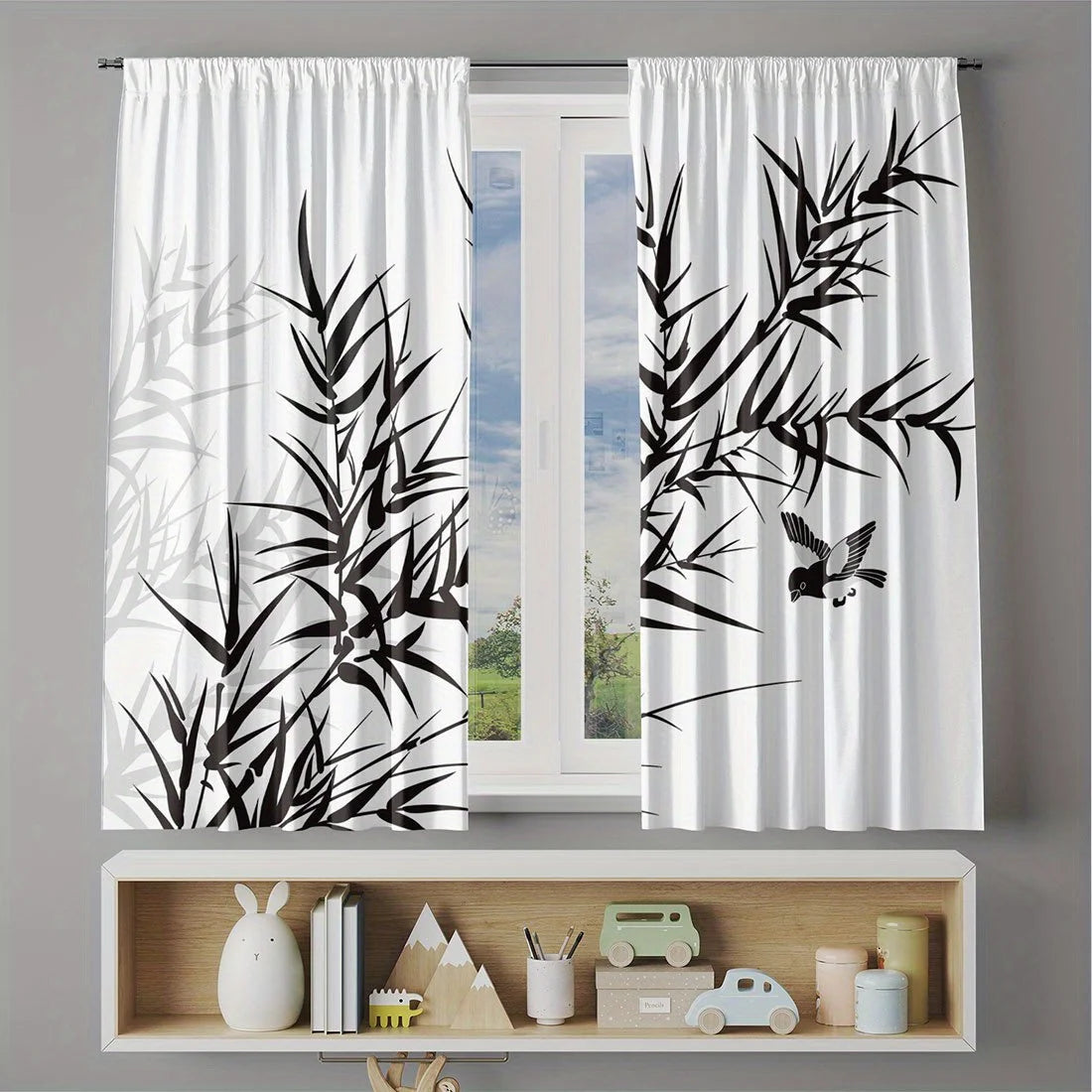 Chinese Ink-Wash Bamboo Window Curtains – Black & White Zen Botanical Drapes