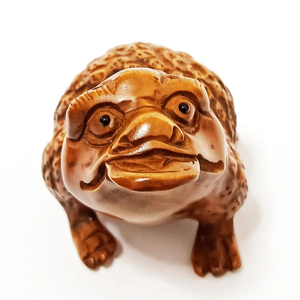 RS504, 2" Hand Carved Japanese Boxwood Netsuke, Wealthy Toad Figurine, Frog Sculpture, Small Ornaments