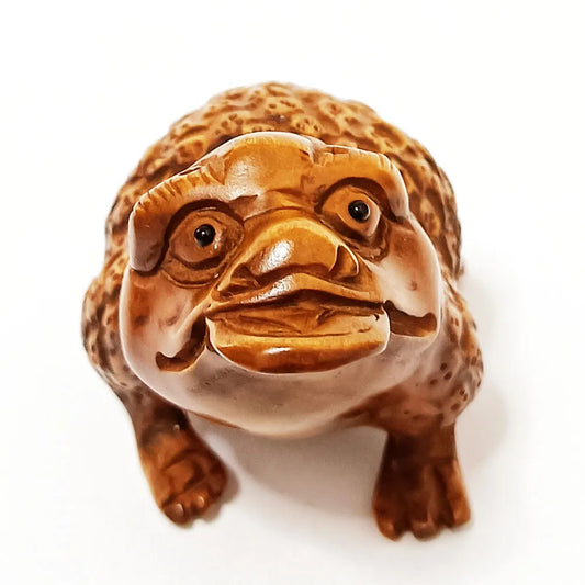 RS504, Netsuke japonés tallado a mano en boj de 2", figura de sapo adinerado, escultura de rana, pequeños adornos
