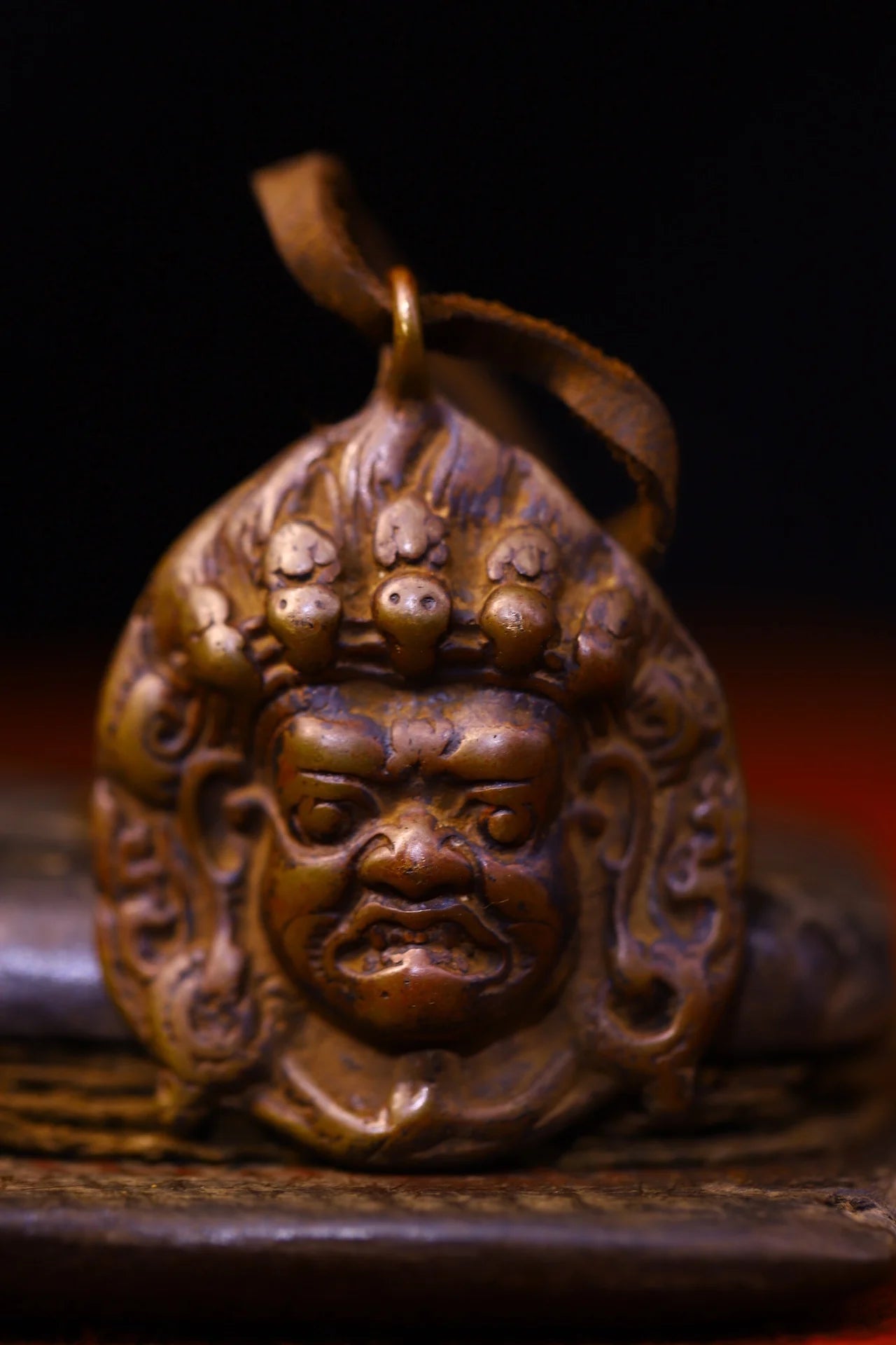 Bronze Cinnabar Mahakala Head Pendant – Temple Protector Amulet