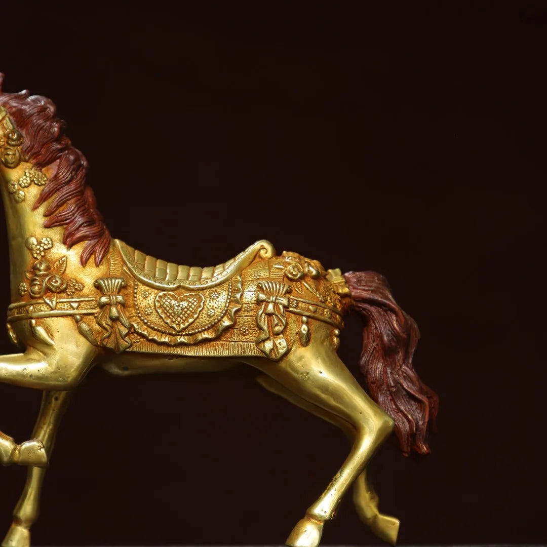 Tibetan Bronze Gilded Cinnabar Tang Horse Statue (10")