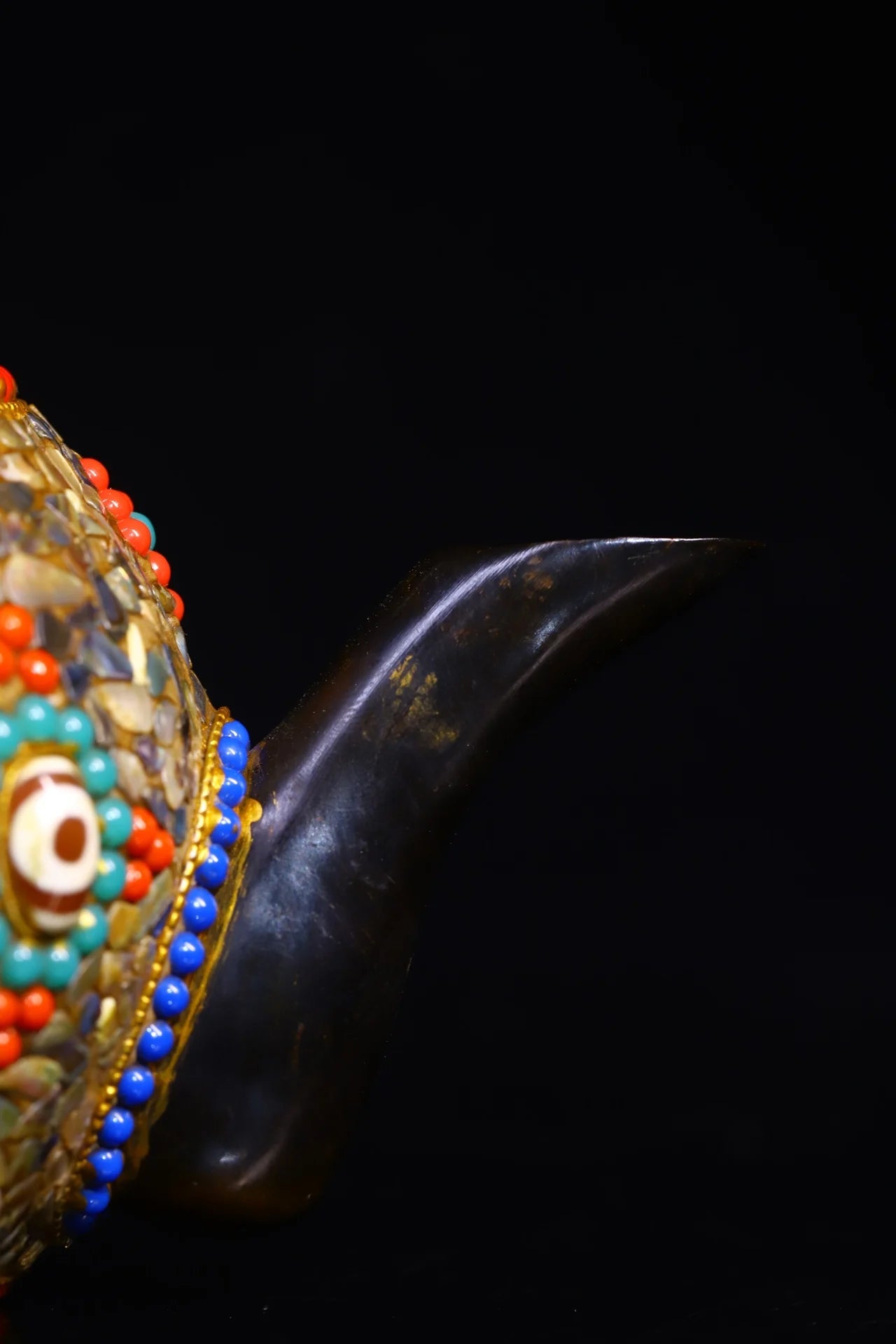 6"Tibetan Temple Collection Old Natural Horn Mosaic Gem gZi Beads Shell Butter pot Beam jug kettle teapot Manjusri Town House