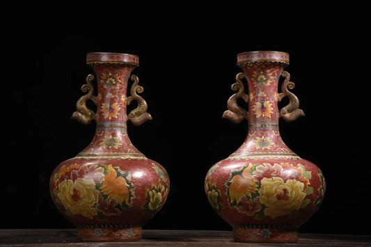 Tibetan Temple Purple-Bronze Cloisonné Vases – Dragon-Ear Flower Pair (14")
