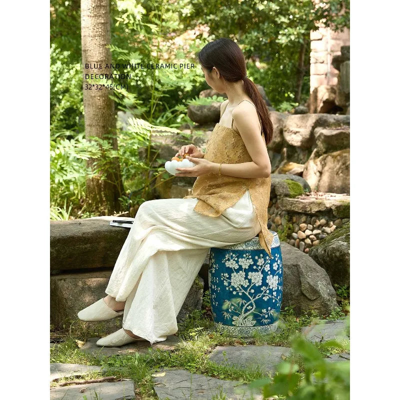 New Chinese Hand-Painted Blue & White Porcelain Drum Stool | Plum Blossom Side Table