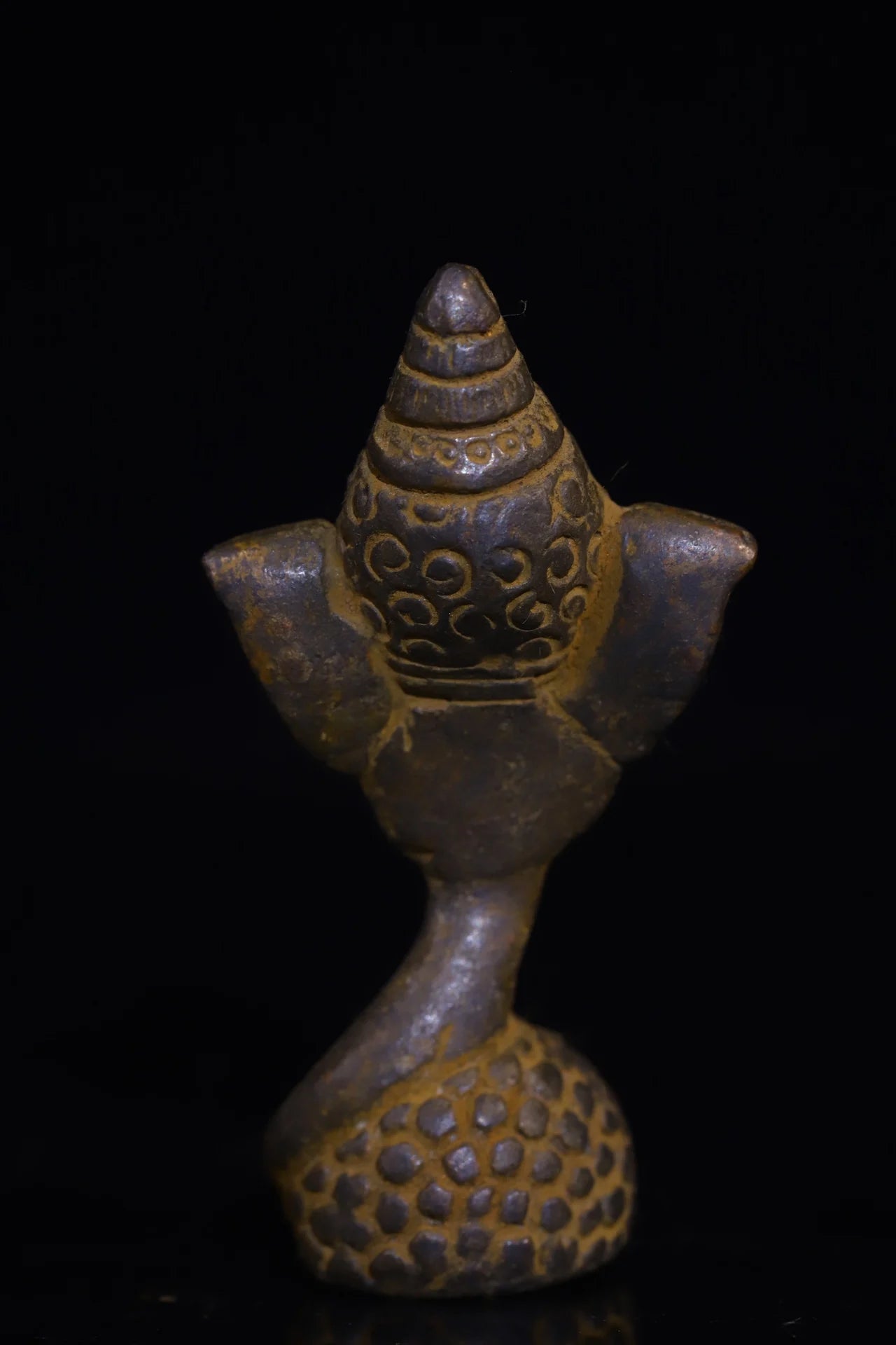 Tibetan Bronze Cinnabar Ganesha Elephant-Head Amulet (3")