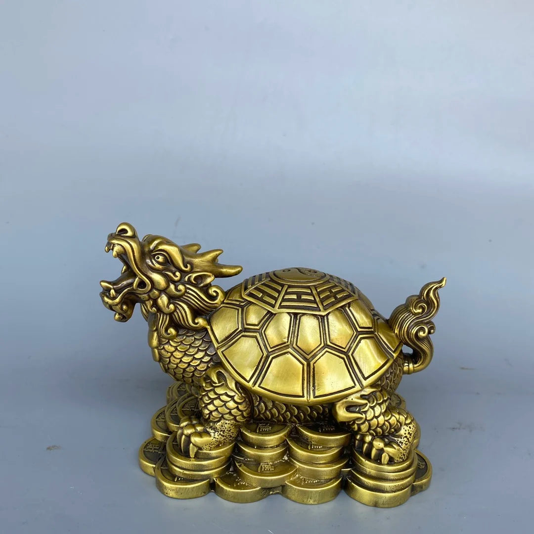 6" Brass Dragon Turtle with Yuanbao Coins – Wealth & Protection Statue
