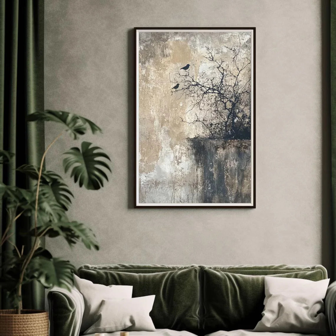 Ruhige Wabi-Sabi Vogel-Wandkunst – Strukturiertes Natur-Bild