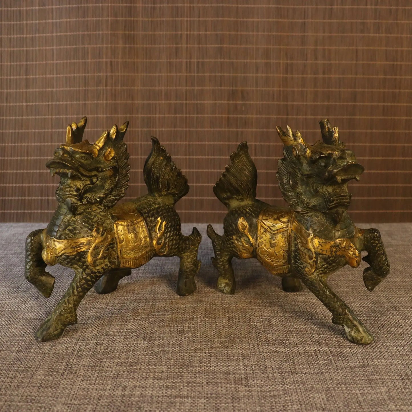 6" Tibetan Temple Collection Old Brass Gilded Kylin Statues (Pair)