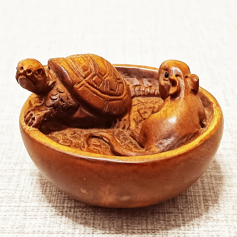 2" Buchsbaum Maus & Schildkröte Netsuke – Japanische Tierminiatur