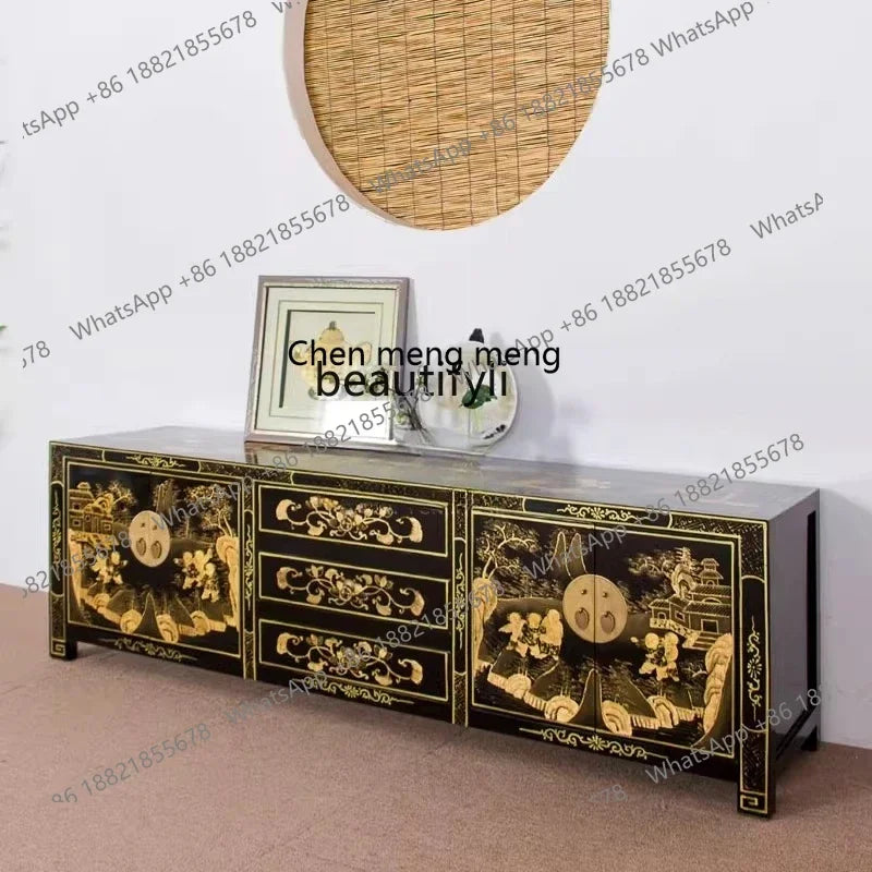 Solid Wood Traditional Gold-Painted Chinese TV Cabinet – Retro Low Credenza (180 cm)