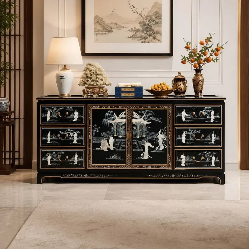 Piano Finish Solid Wood Six Drawer Two Door Cabinet Dining Sideboard with Mother of Pearl Inlay Ming Qing Style Classical