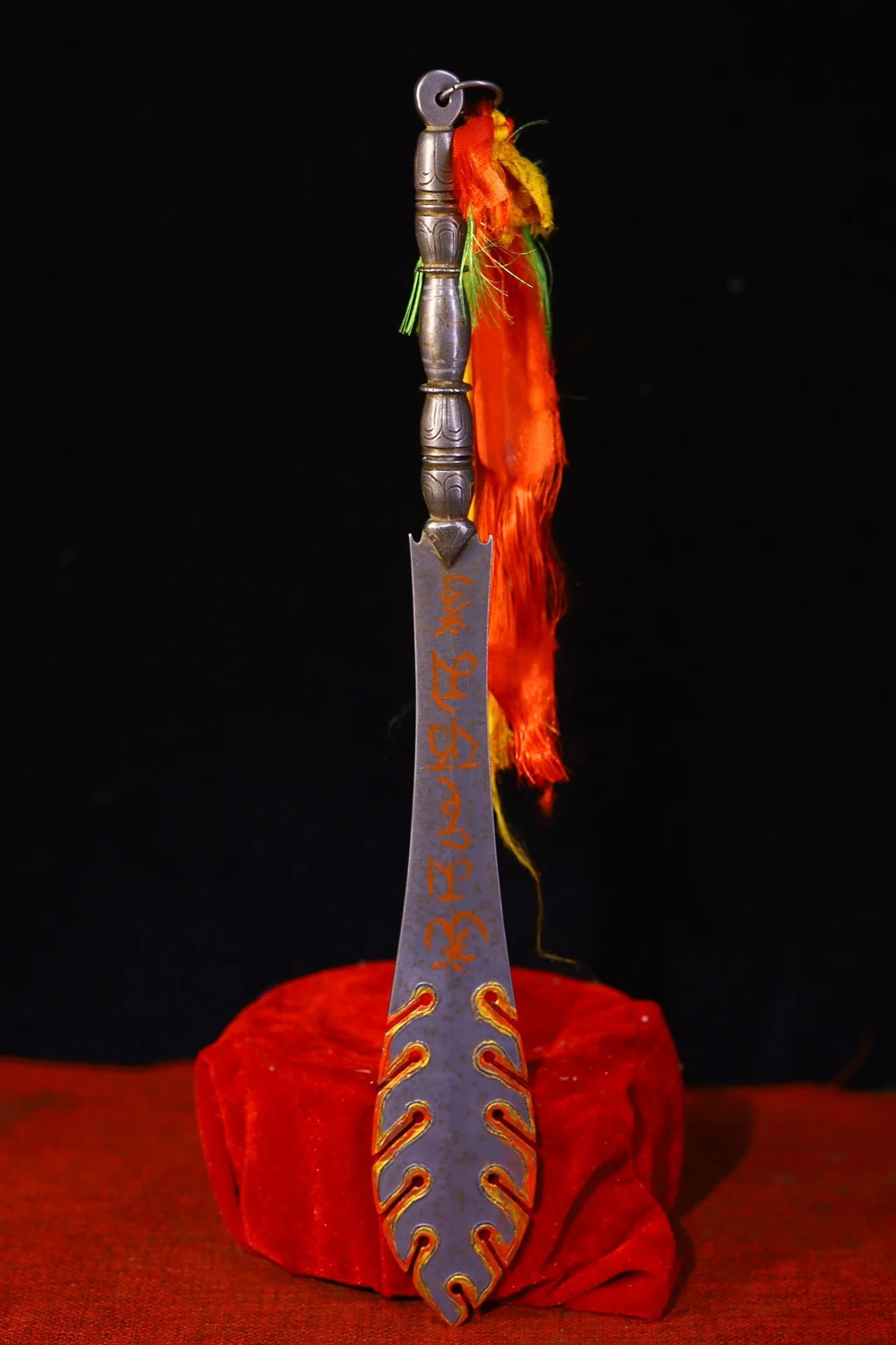15"Temple Collection Old Tiantie Cinnabar Flame Pattern Manjushri Sword Vajra Phurpa Pendant Amulet Dharam Town house