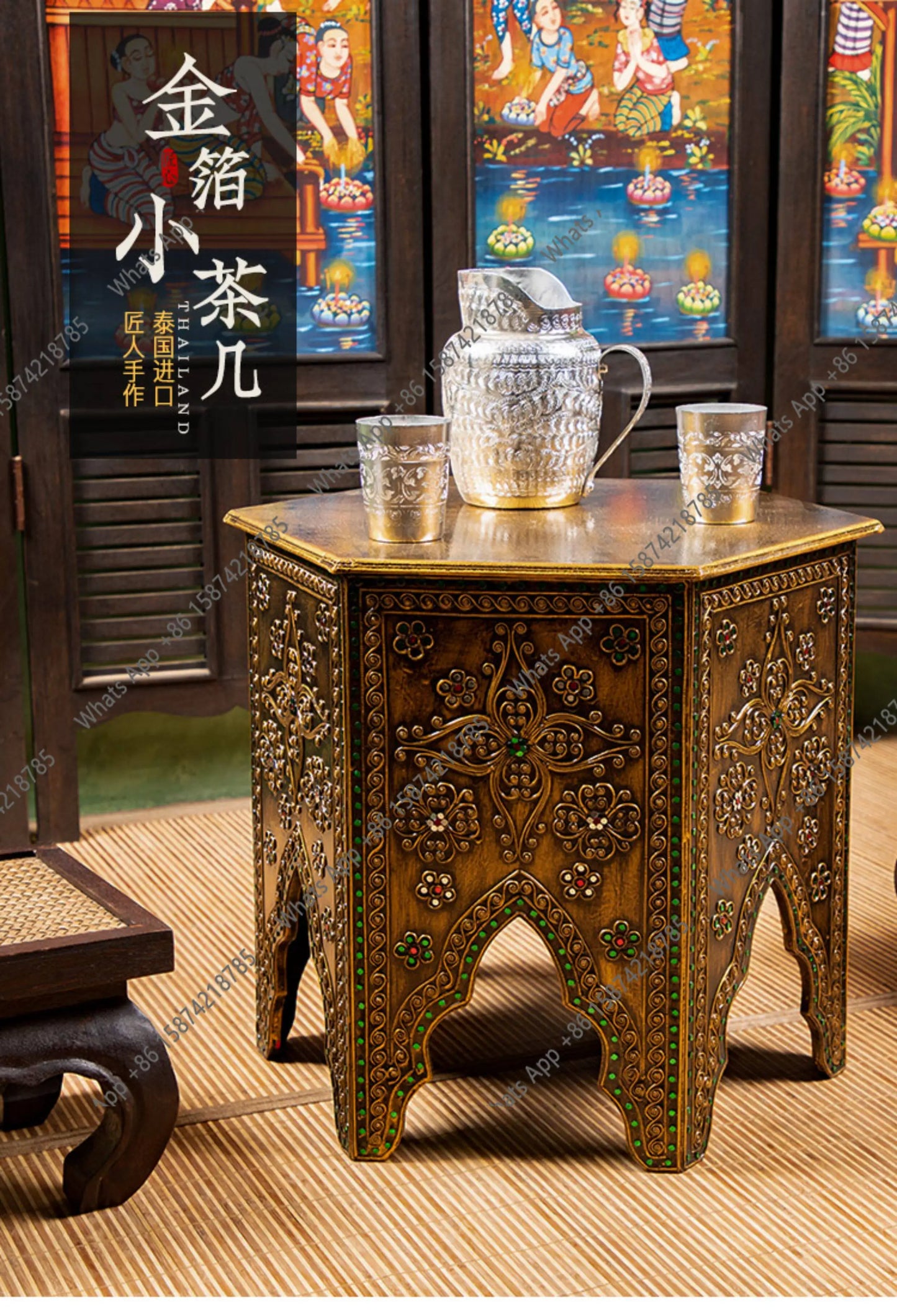 Strange Southeast Asian style furniture Thai small coffee table vintage sofa side table round table Thai balcony tea