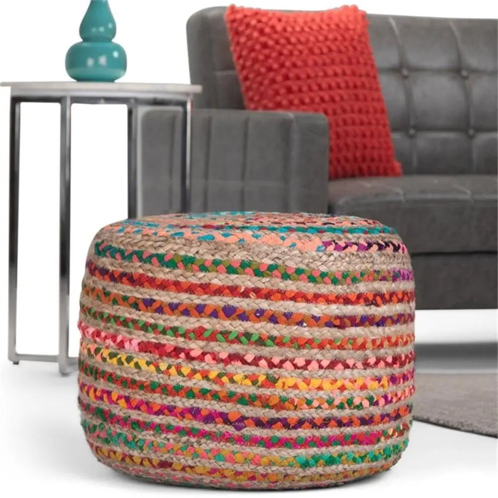 Handcrafted Braided Jute & Cotton Round Pouf Ottoman | 20.1" Woven Footstool