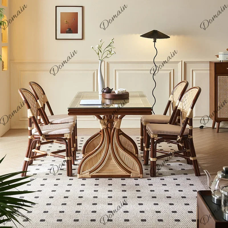 V81 Southeast Asian Rattan Dining Table Vintage Rustic Creative Art Table Chair Set Rectangular Restaurant Furniture