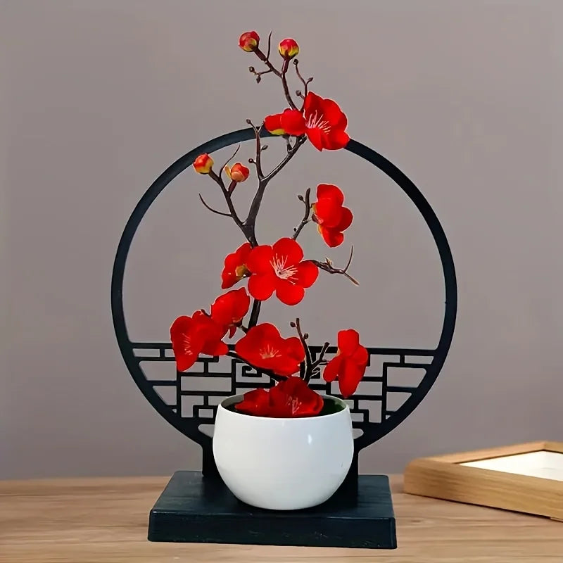 Faux Winter Plum Blossom Bonsai (Meihua) – Oriental Ceramic Tabletop Centerpiece for Tea & Living Rooms