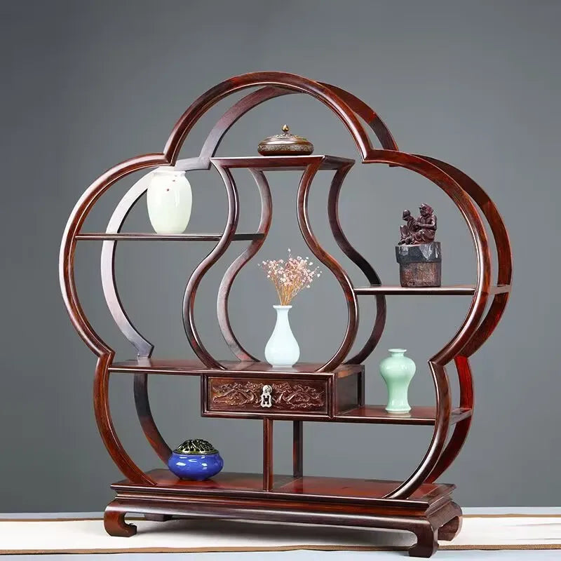 Desktop Display Stand Traditional Chinese Rosewood Curio Rack for Collectibles, Miniature Models, Small Figurines & Tea Sets
