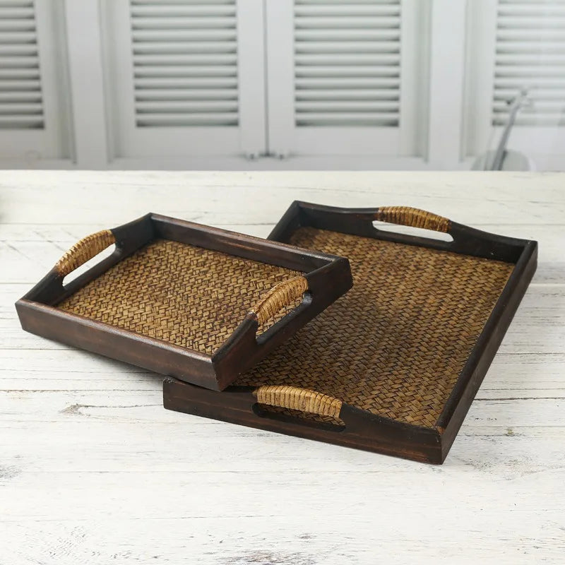 Southeast Asian Wooden Storage Tray - Handicraft Rattan Tea Tray for Water Cups and Tea Cups