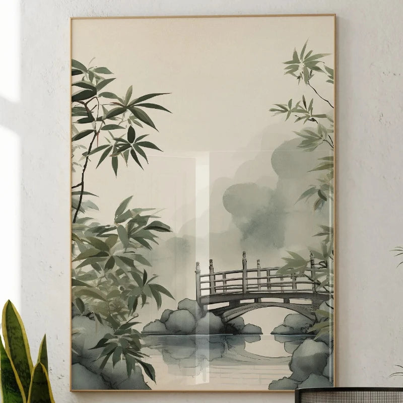 Minimalist Japanese Bamboo Forest & Crane Zen Wall Art Print