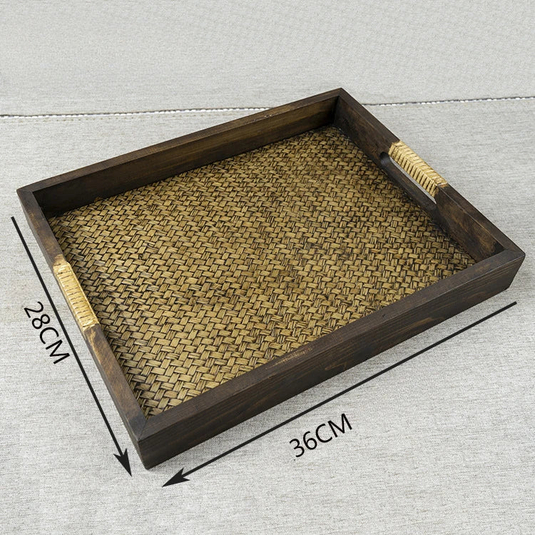 Southeast Asian Wooden Storage Tray - Handicraft Rattan Tea Tray for Water Cups and Tea Cups