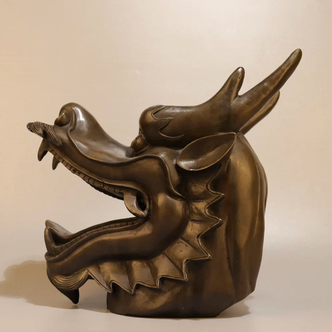 Chinese Brass Dragon Head (Loong) Wealth Guardian Statue (10")
