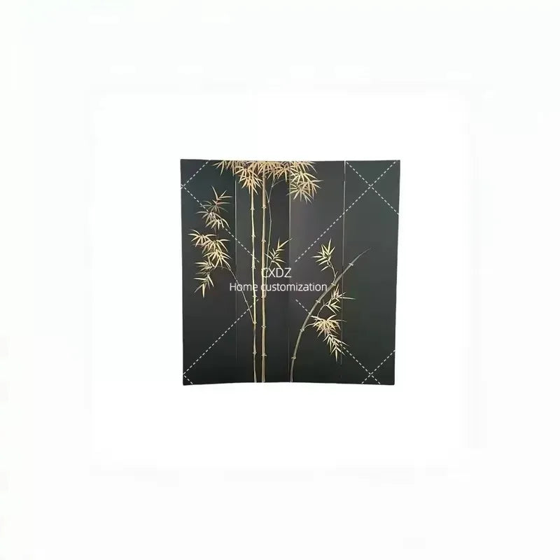 Hand-Painted Golden Bamboo Black Lacquer Folding Screen | 4-Panel Room Divider