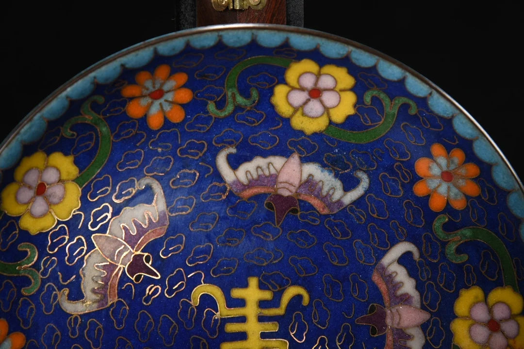 Tibetan Temple Cloisonné Five-Bat Longevity Plate – Bronze Reward Screen (7")