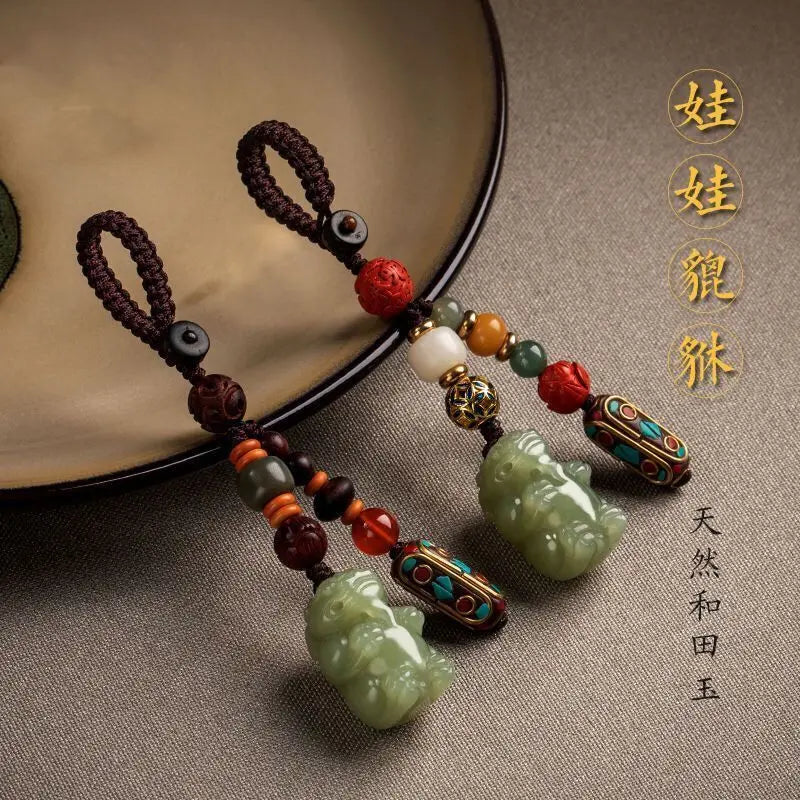 Pure hand-carved Hetian jade pendant Pixiu car keychain male simple female natal year gift