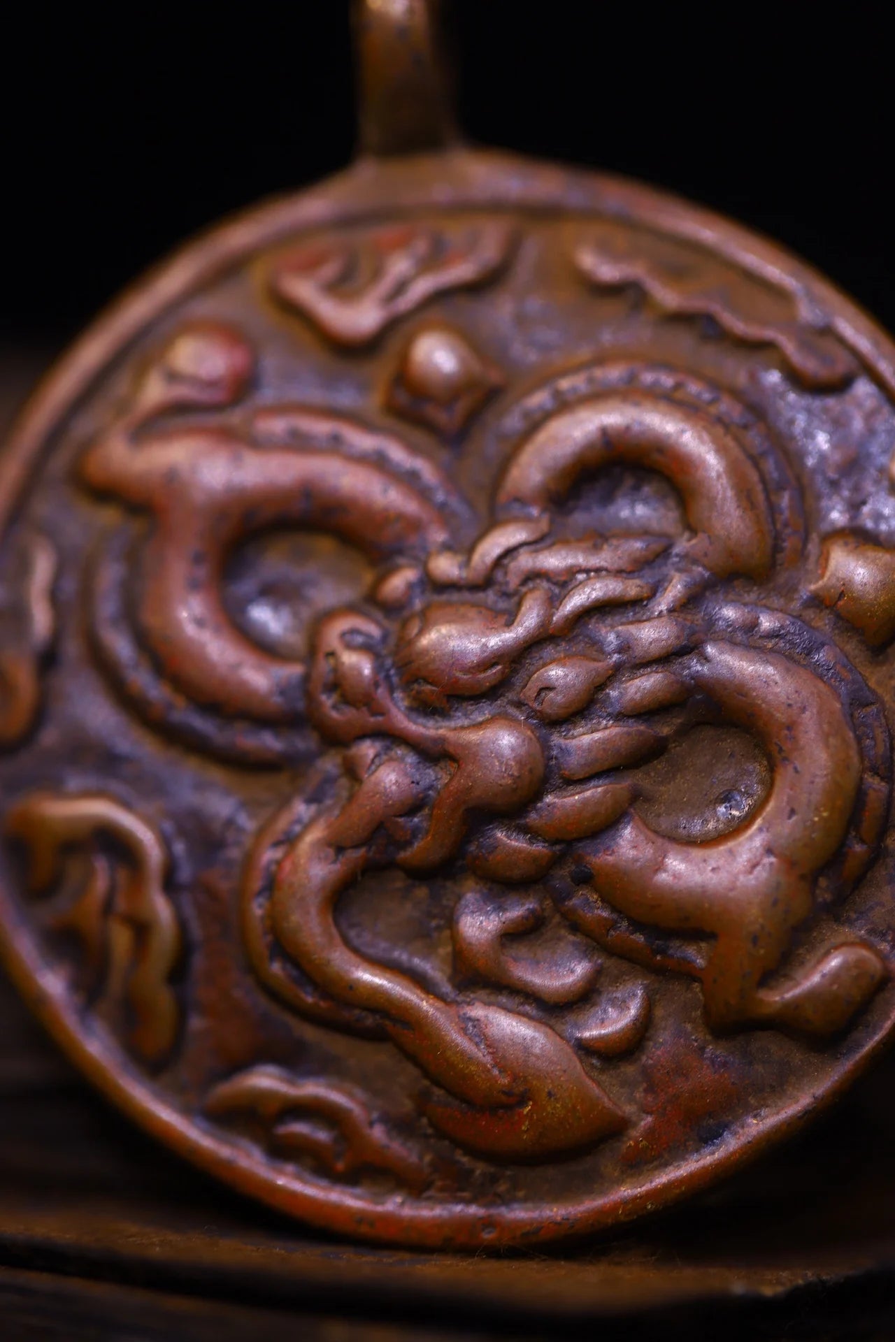 Tibetan Temple Bronze & Cinnabar Dragon Amulet – Buddha Card Pendant