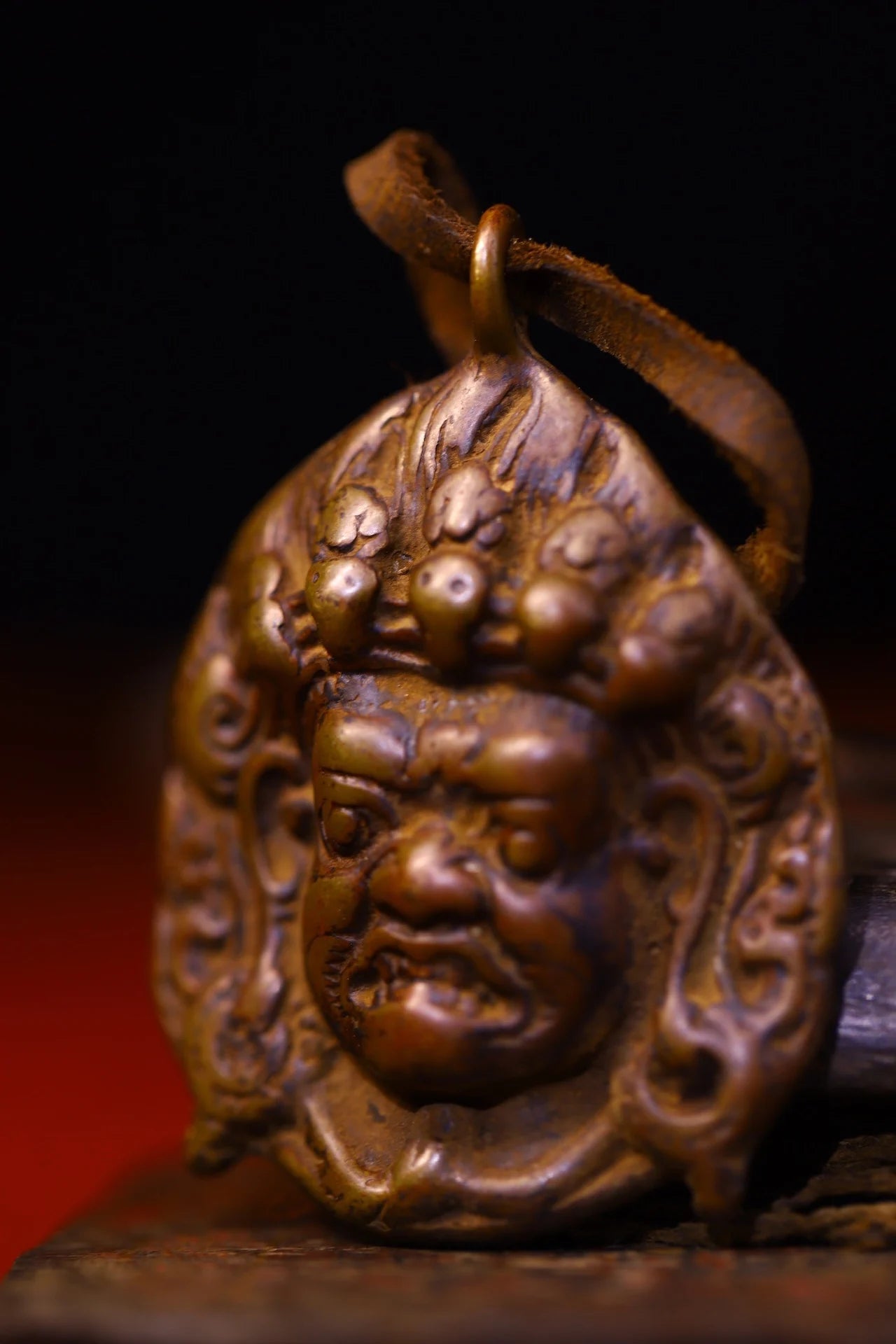 Bronze Cinnabar Mahakala Head Pendant – Temple Protector Amulet