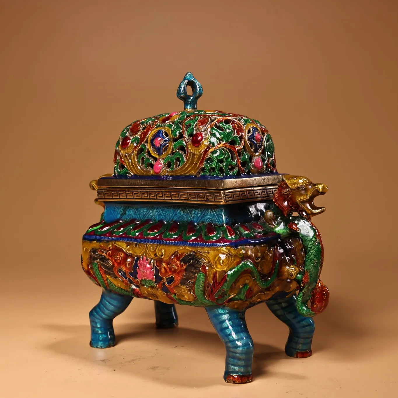 Temple Collection Bronze Cloisonné Phoenix Censer – Hollow-Cover Dragon-Ear Incense Burner