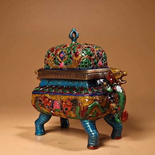 Temple Collection Bronze Cloisonné Phoenix Censer – Hollow-Cover Dragon-Ear Incense Burner