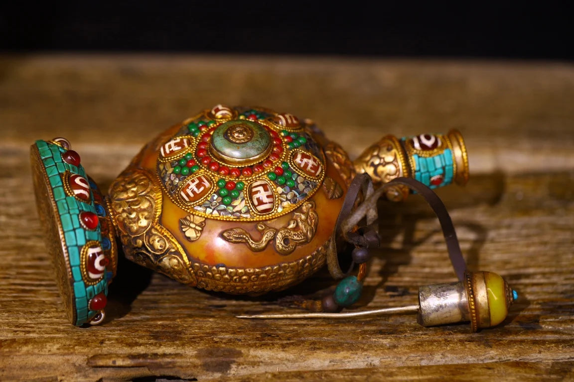 Bienenwachs & tibetisches Silber gZi Schnupftabakflaschen-Amulett – Asiatische Heimdekoration