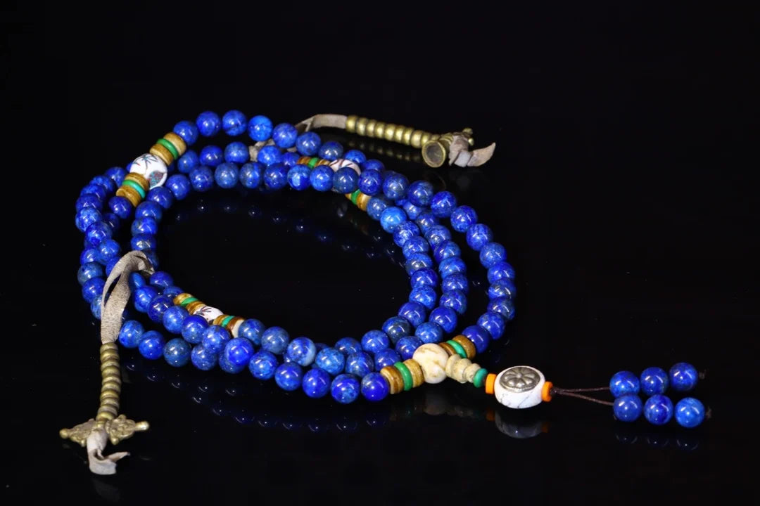 34" Tibetan Temple Collection Old Natural Lapis Lazuli 108 Buddha Beads