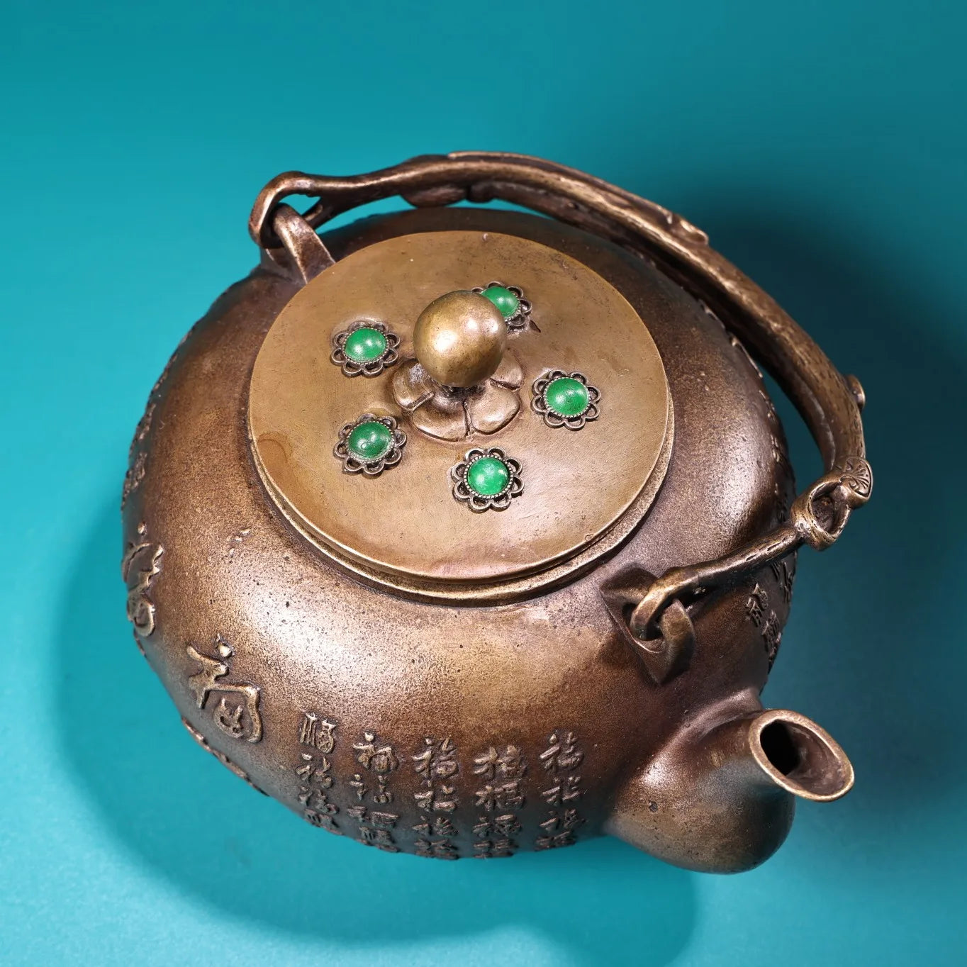 8" Tibetan Temple Collection Old Bronze Cinnabar Mosaic Gem “Hundred Blessings” Pot / Teapot