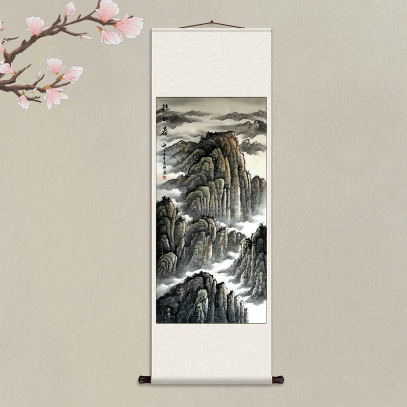 Silk Scroll Decoration Hanging Painting, Landscape Paintings Office Scroll Paintings There Is A Mountain Map Behind The Entrance