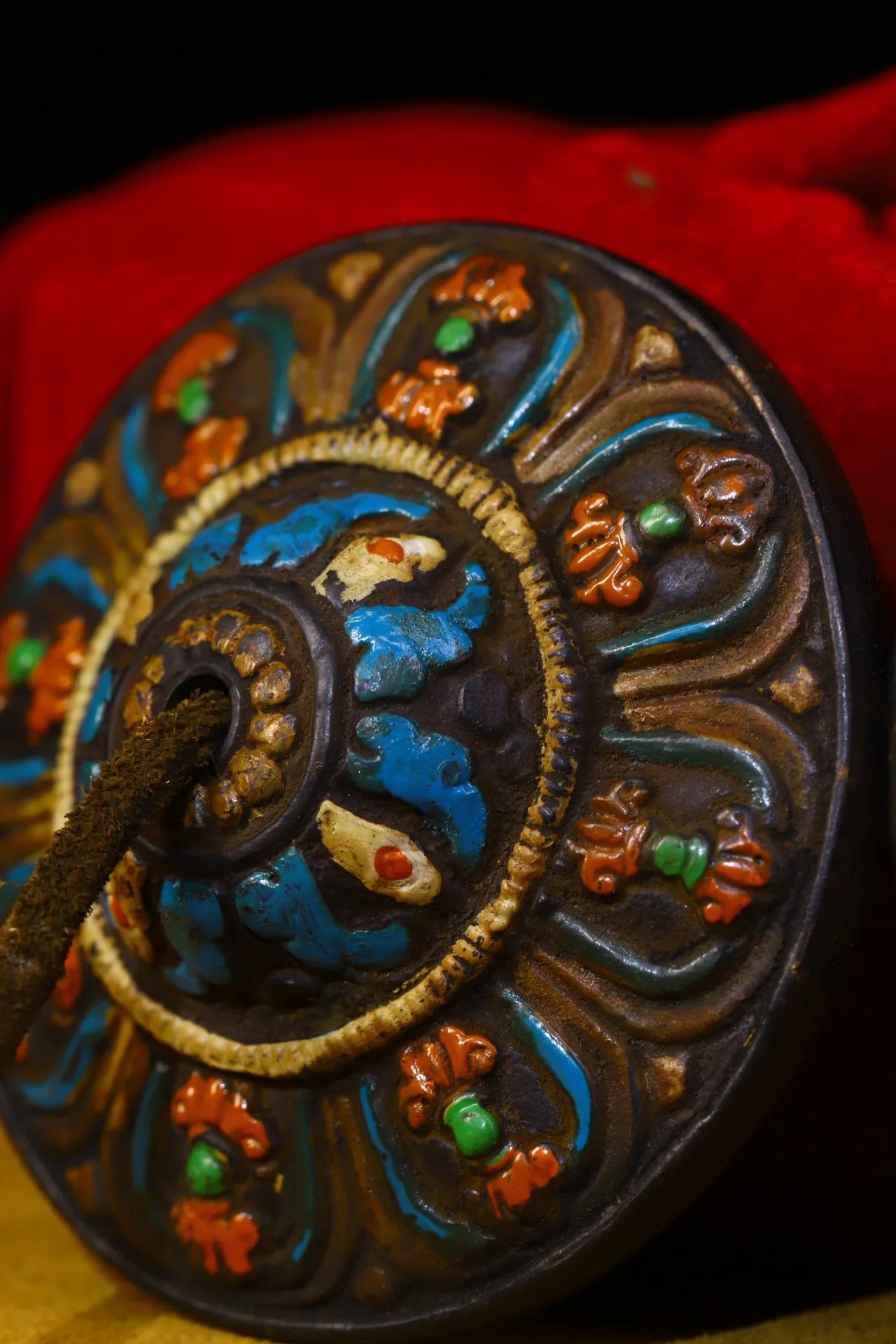 Tibetan Bronze Cinnabar Eight Treasures Buddha Bell (3")