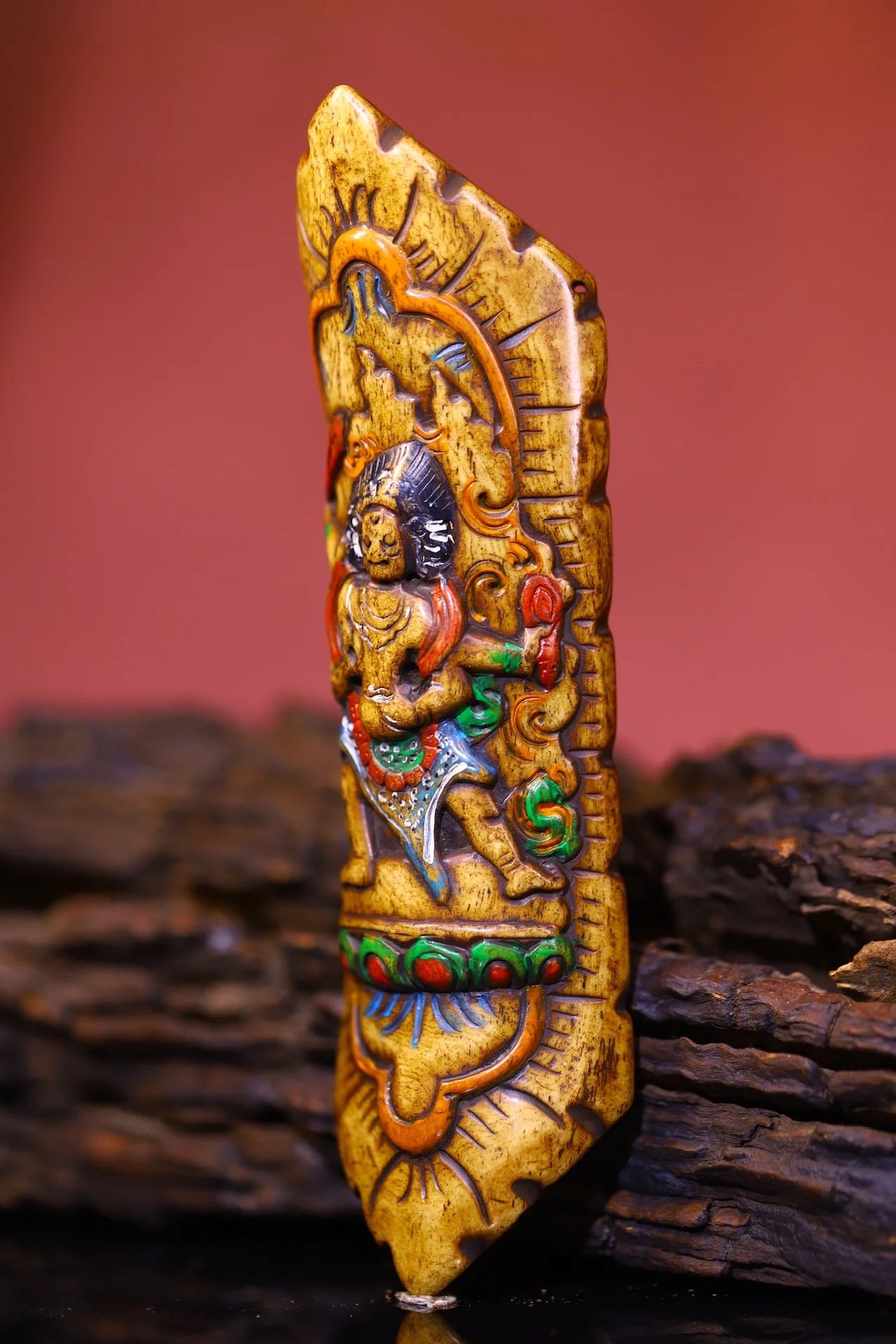 Temple Collection Old Gabala Carving Painted Gabalafo clothing pieces Six arms Mahakala Pendant Amulet  Town house