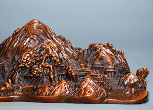 8"Tibetan Temple Collection Old Boxwood scenery Landscape sculptures Pine and Cypress land of idyllic beauty Pen Holder