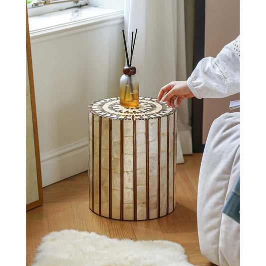 Artisanal Striped Shell Inlay Round Accent Table & Stool