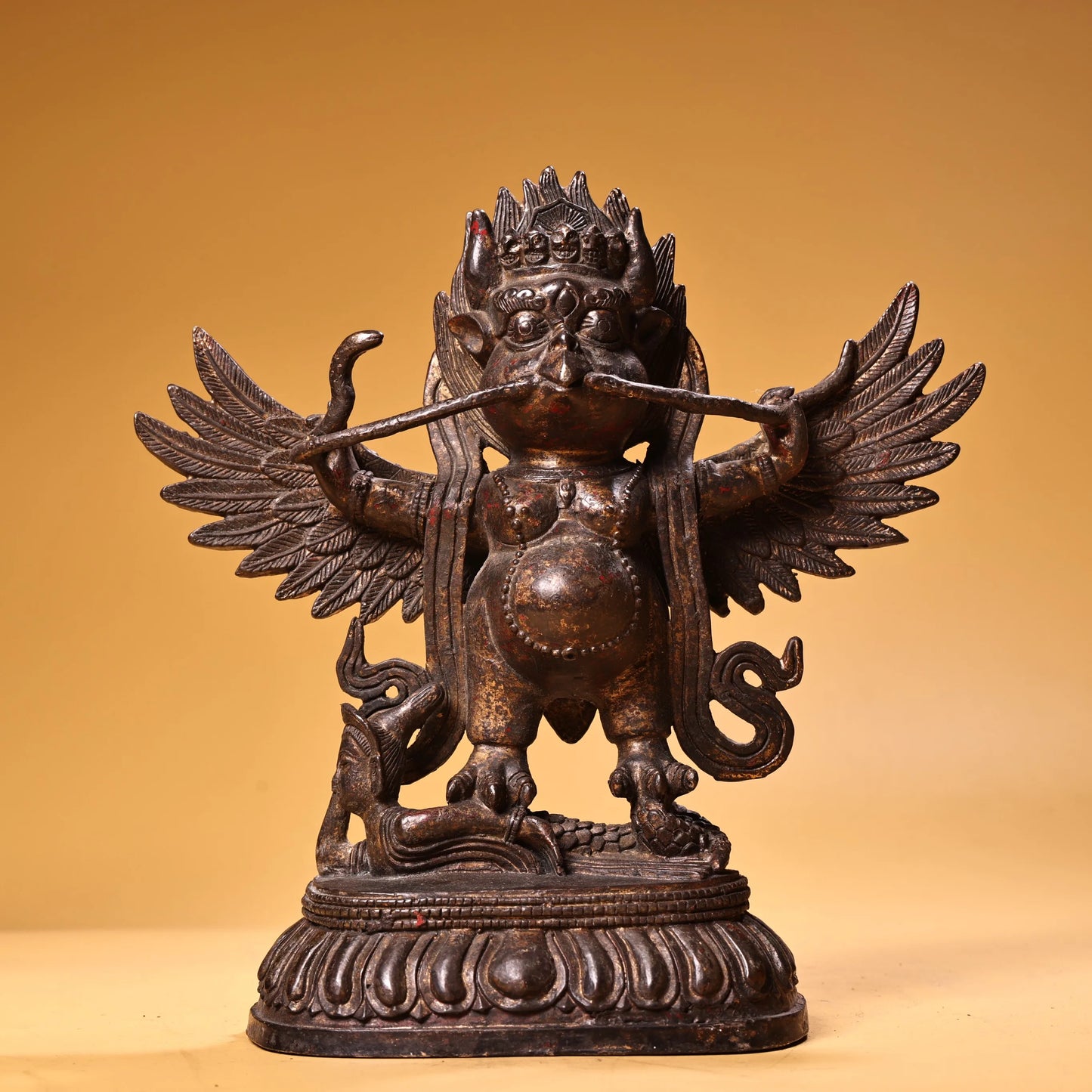 9" Bronze Cinnabar Garuda Dhwaja – Temple Protector on Lotus