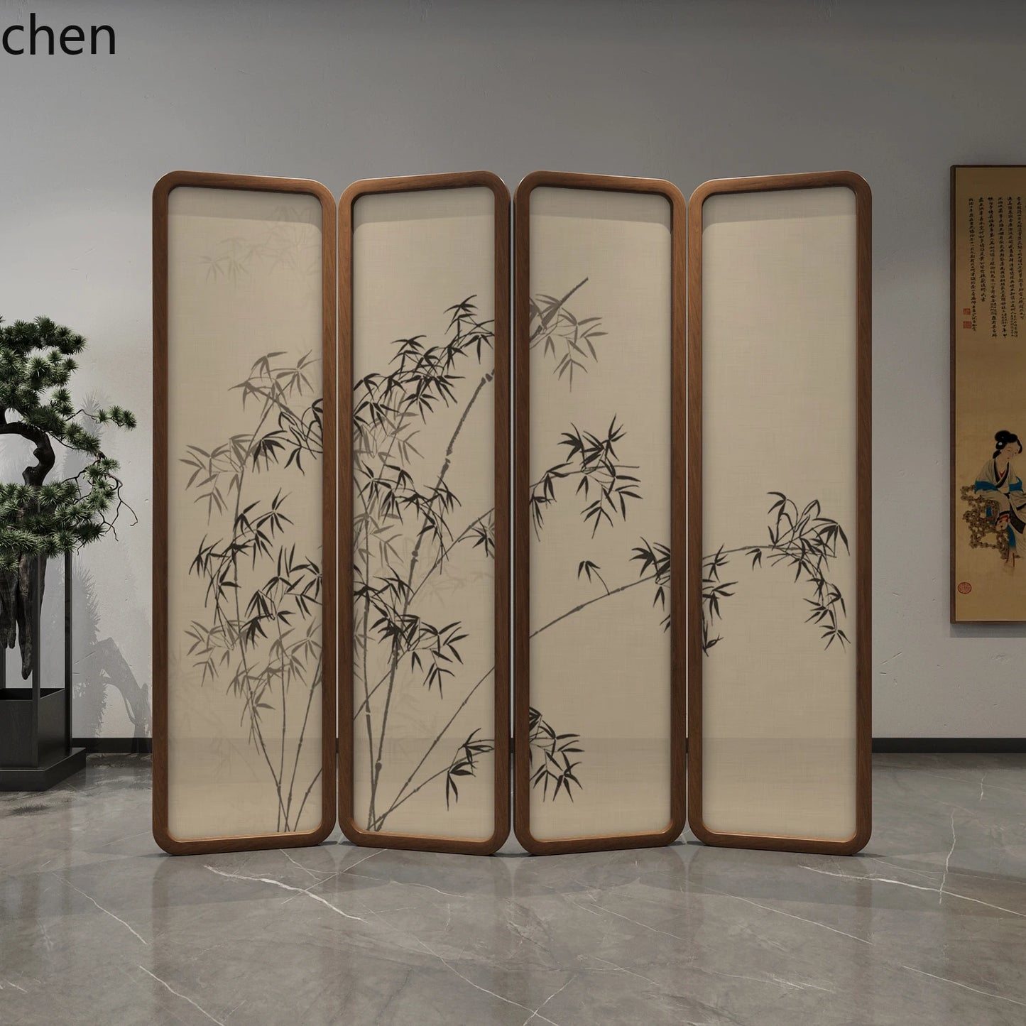 QZT Solid Wood Screen Partition Living Room Folding Mobile Tea Room Conference Room Hall Blocking Zen Style Pine Bamboo Mobile