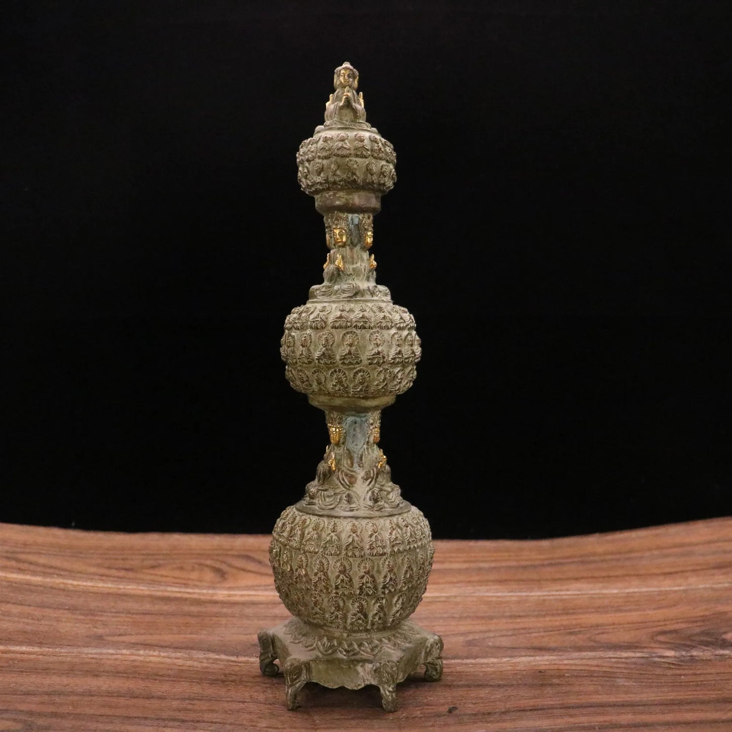 Old Tibetan Brass Thousand Buddhas Pagoda Stupa, 13"